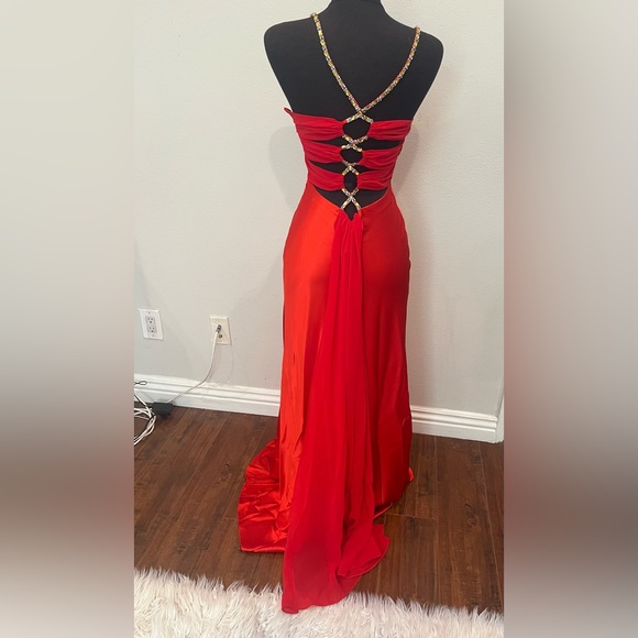 Red Stunning evening maxi dress with rhinestone and tail design . - Picture 3 of 6
